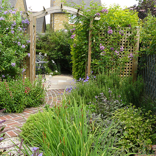 Brick path leading onto seating